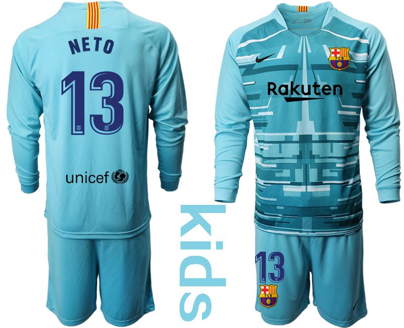 Youth 2019-2020 club Barcelona lake blue long sleeve goalkeeper #13 Soccer Jerseys->barcelona jersey->Soccer Club Jersey